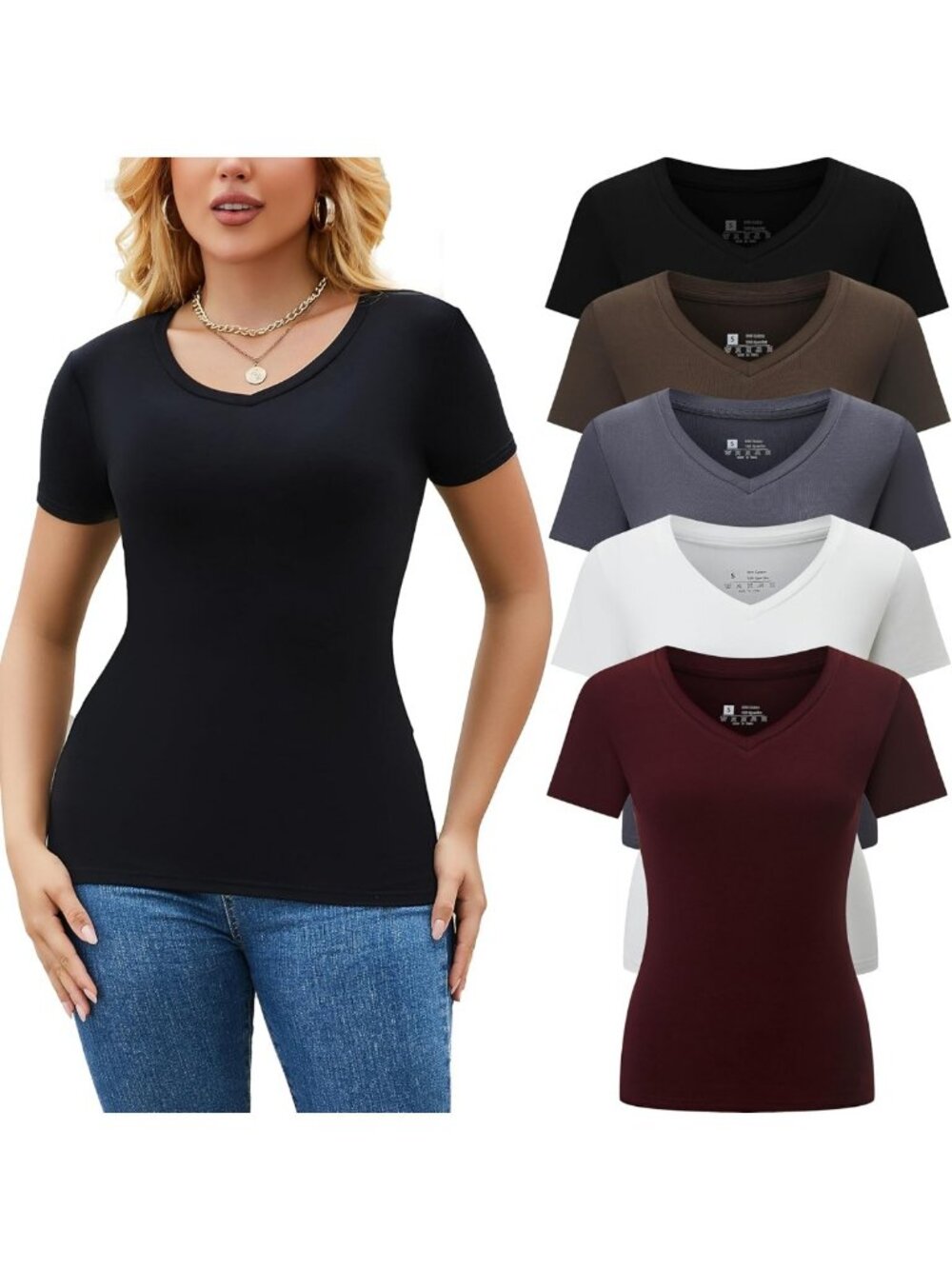 5 Pack Women's V-Neck Short Sleeve Tees - Slim Fit Casual T-Shirts for Everyday